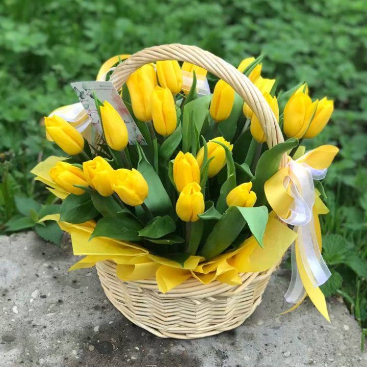 25 желтых тюльпанов в корзине в Астрахани